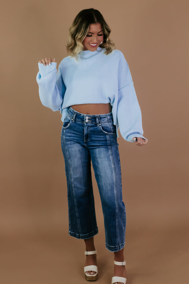Relaxed Cropped Sweater, Sky Blue