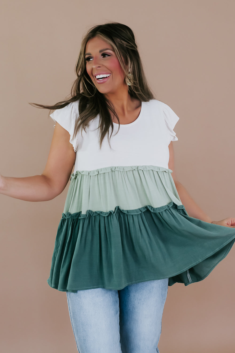 Best Bet Tiered Baby Doll Top, Sage