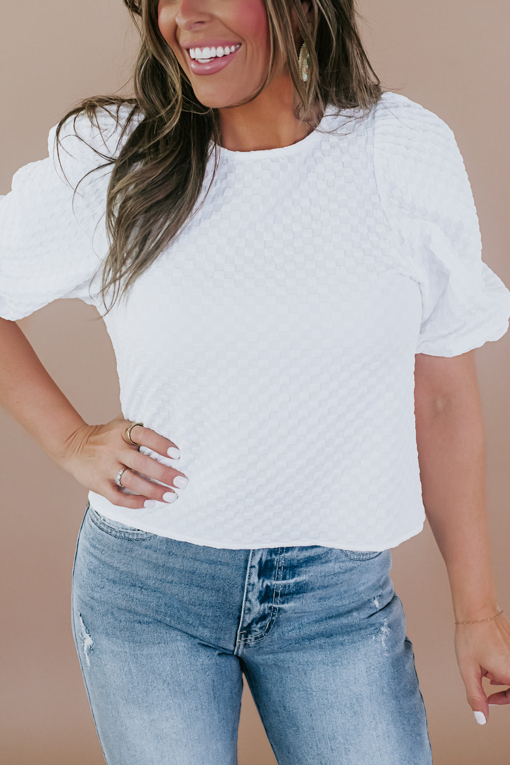 Into It  Puff Sleeve Textured Top, White