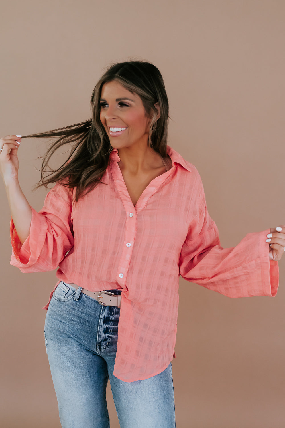 Life's A Breeze Button Up, Coral