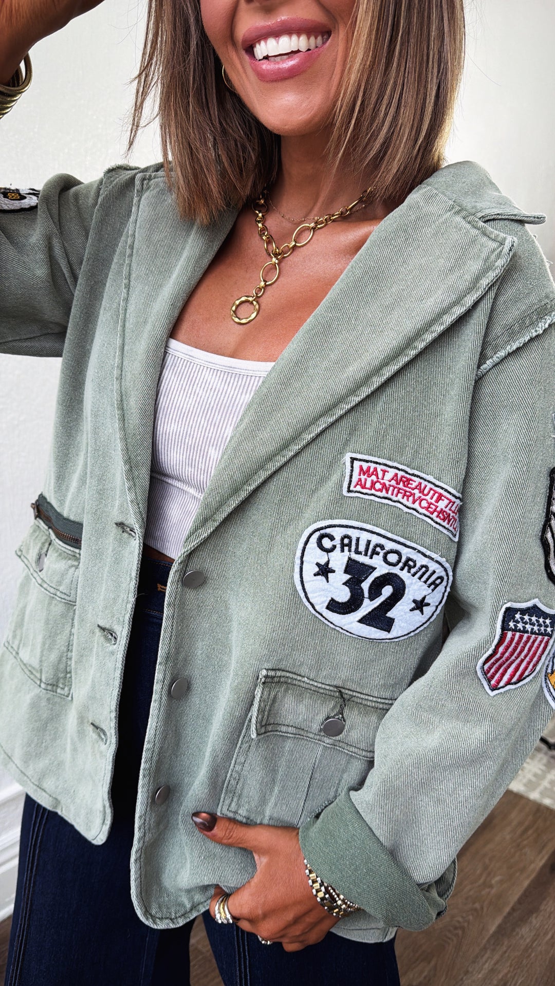 Vintage Patched Military Blazer, Powder Matcha