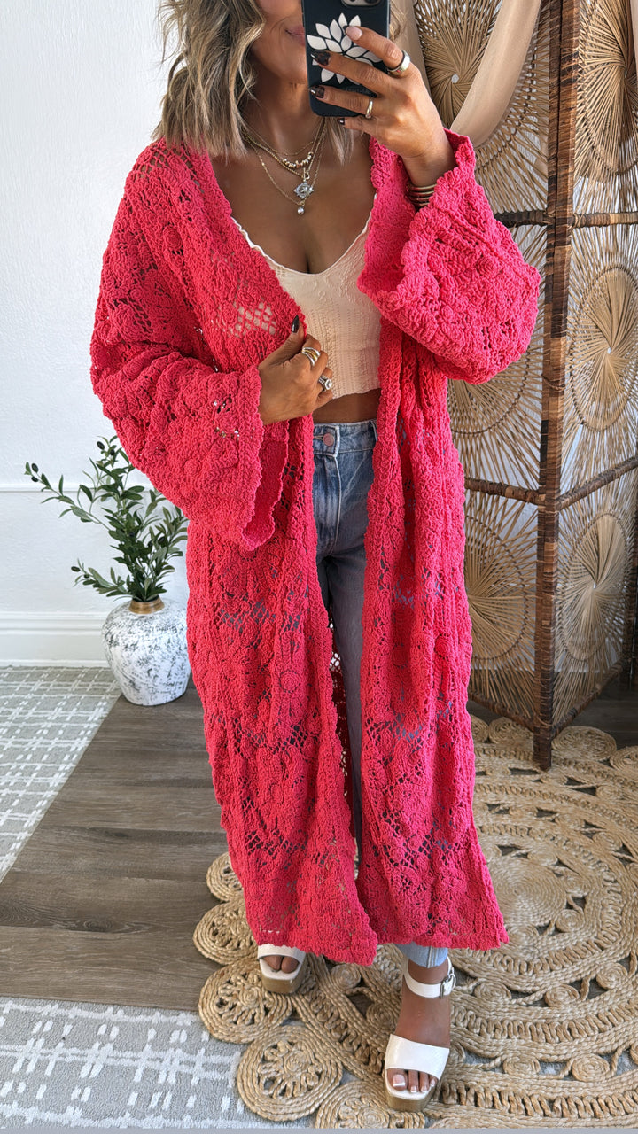 Sunset Soul Crochet Duster, Apple Coral