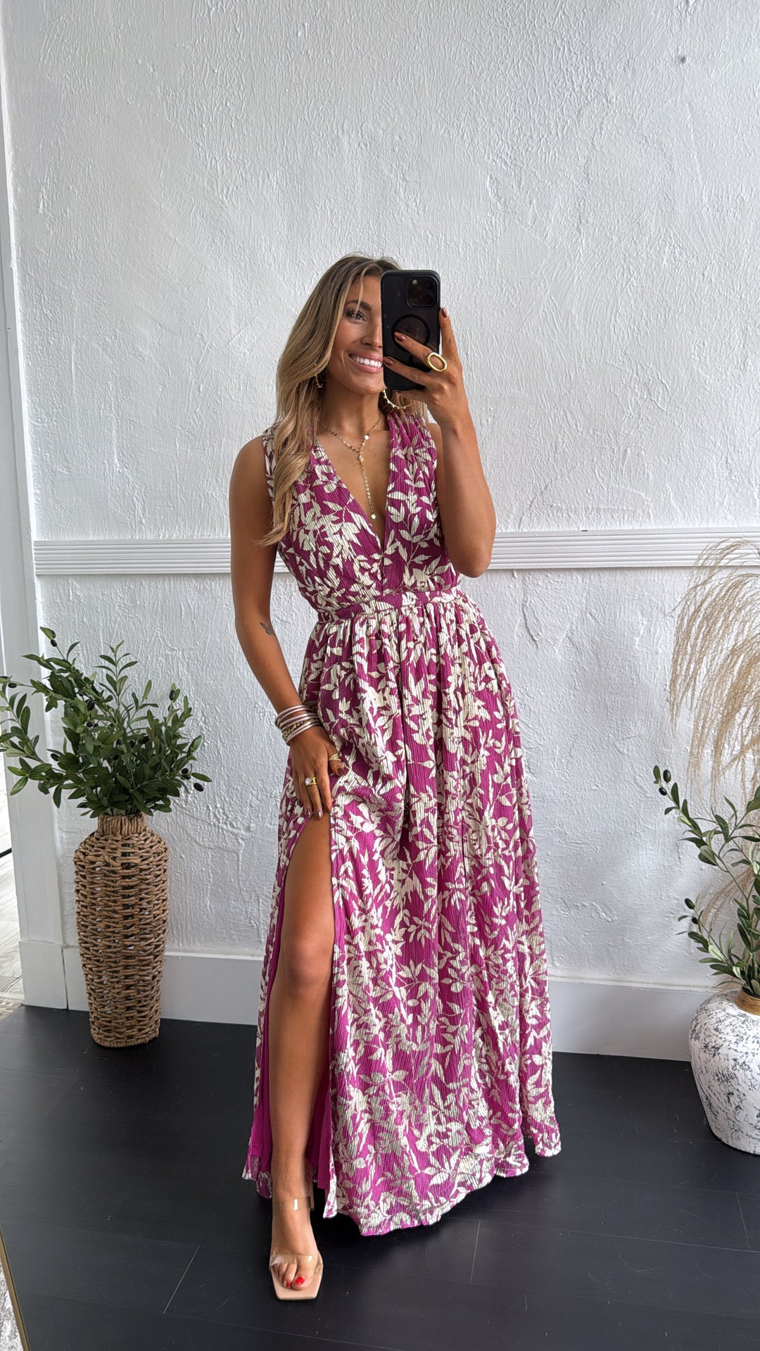 Rosaline Plunge Maxi Dress, Magenta/Gold