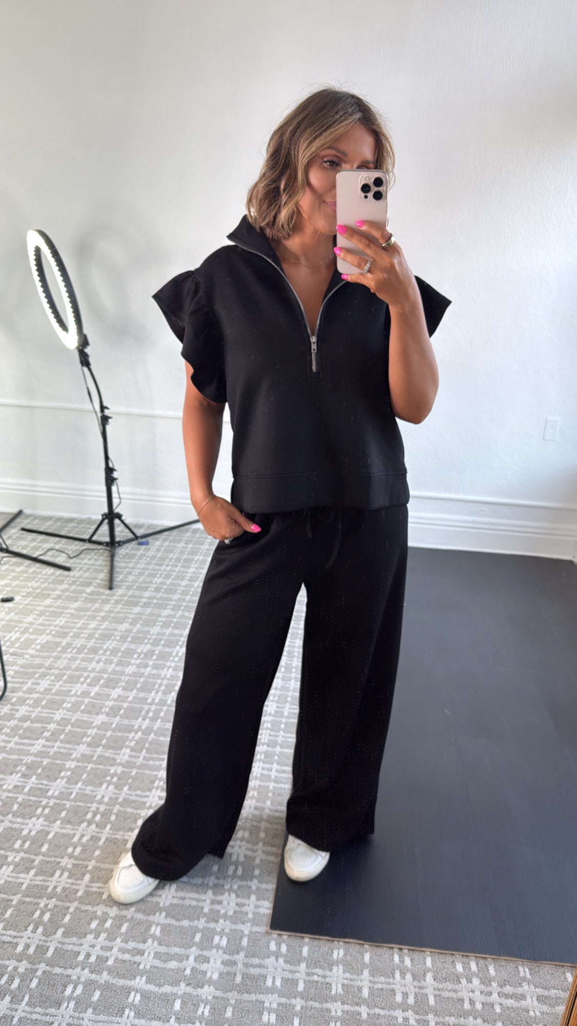 Jet Set Half Zip Ruffle Sleeve Top and Pant Set, Black – Everyday