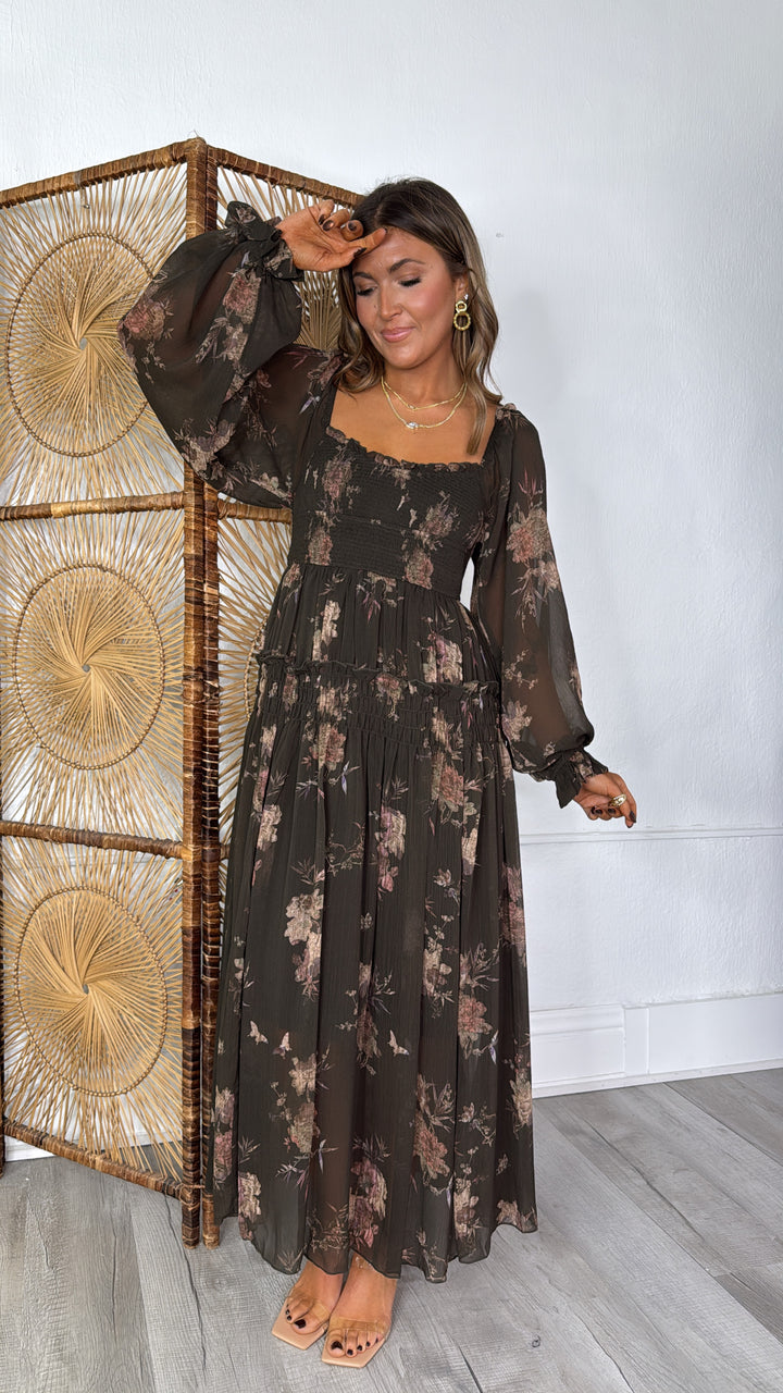 Dusty Bloom Midi Dress, Espresso
