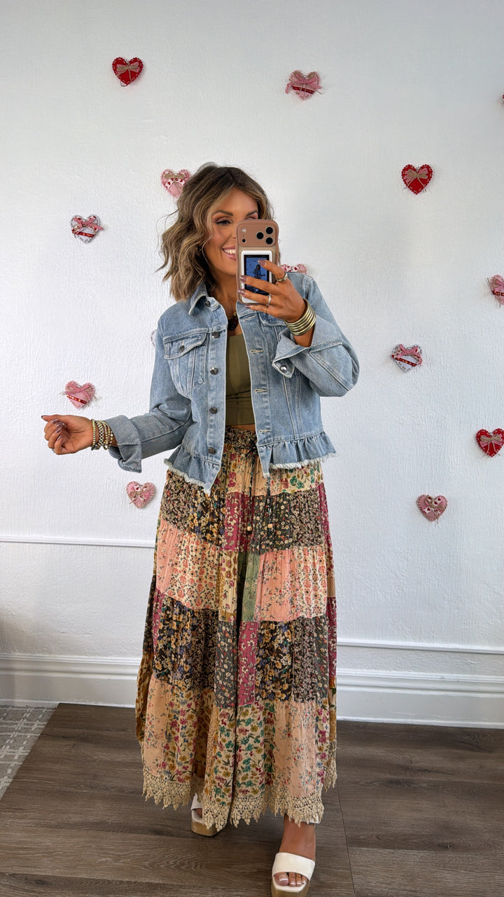 Emery Ruffle Hem Denim Jacket, Light Denim