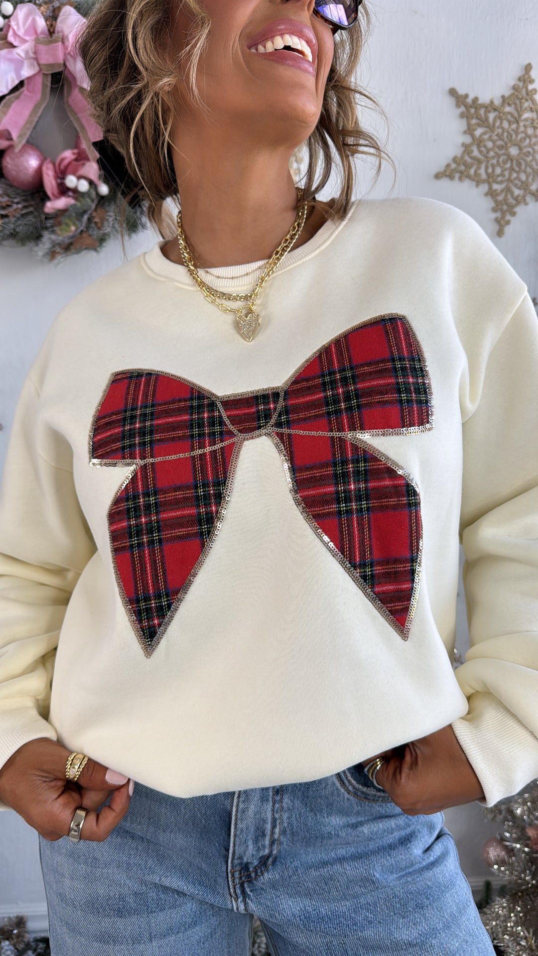 Holly Bow Sweater, Cream