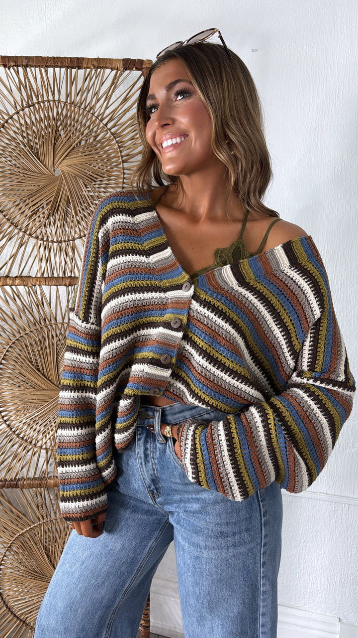 Homeroom Teacher Knit Cardigan, Brown/ Multi