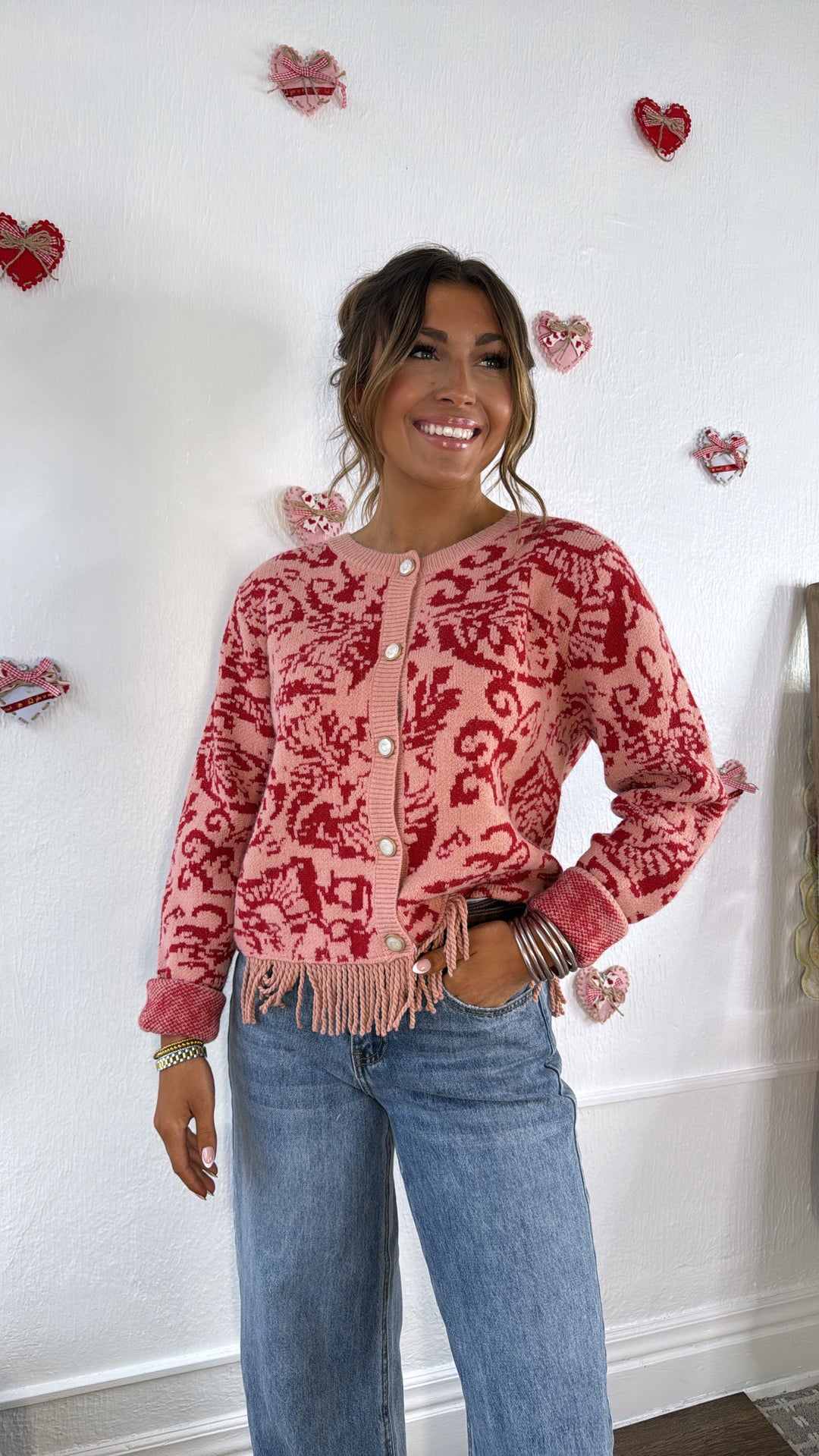 Antique Roseweave Cardigan, Coral Red