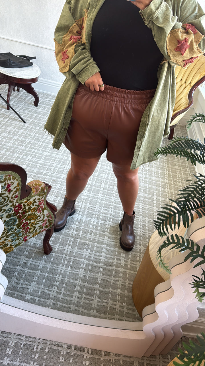 Faux Leather High Waisted Shorts, Camel