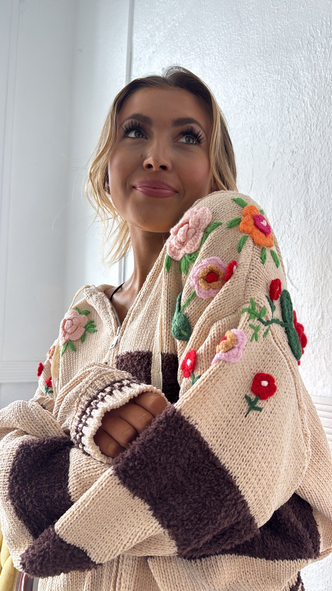 Striped Floral Detail Zip Up Sweater, Mocha Multi