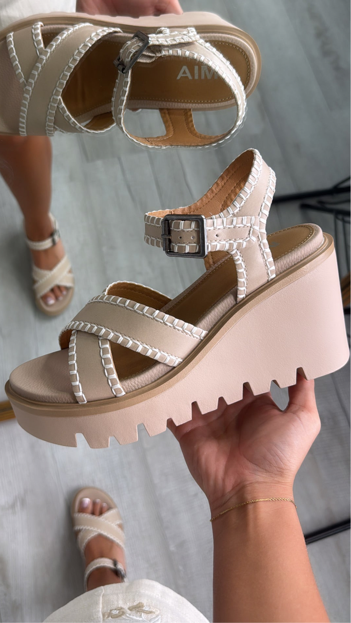 Embroidered Ankle Strap Wedge Sandal, Nude