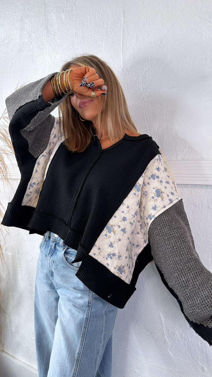 DOORBUSTER: POL Floral Sleeve Sweater, Black