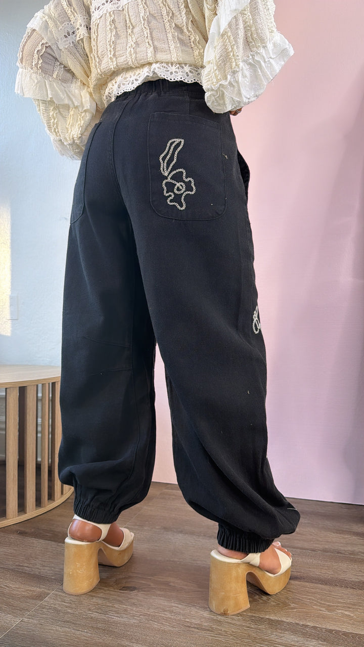 For The Love Of Floral Embroidered Denim Jogger, Black
