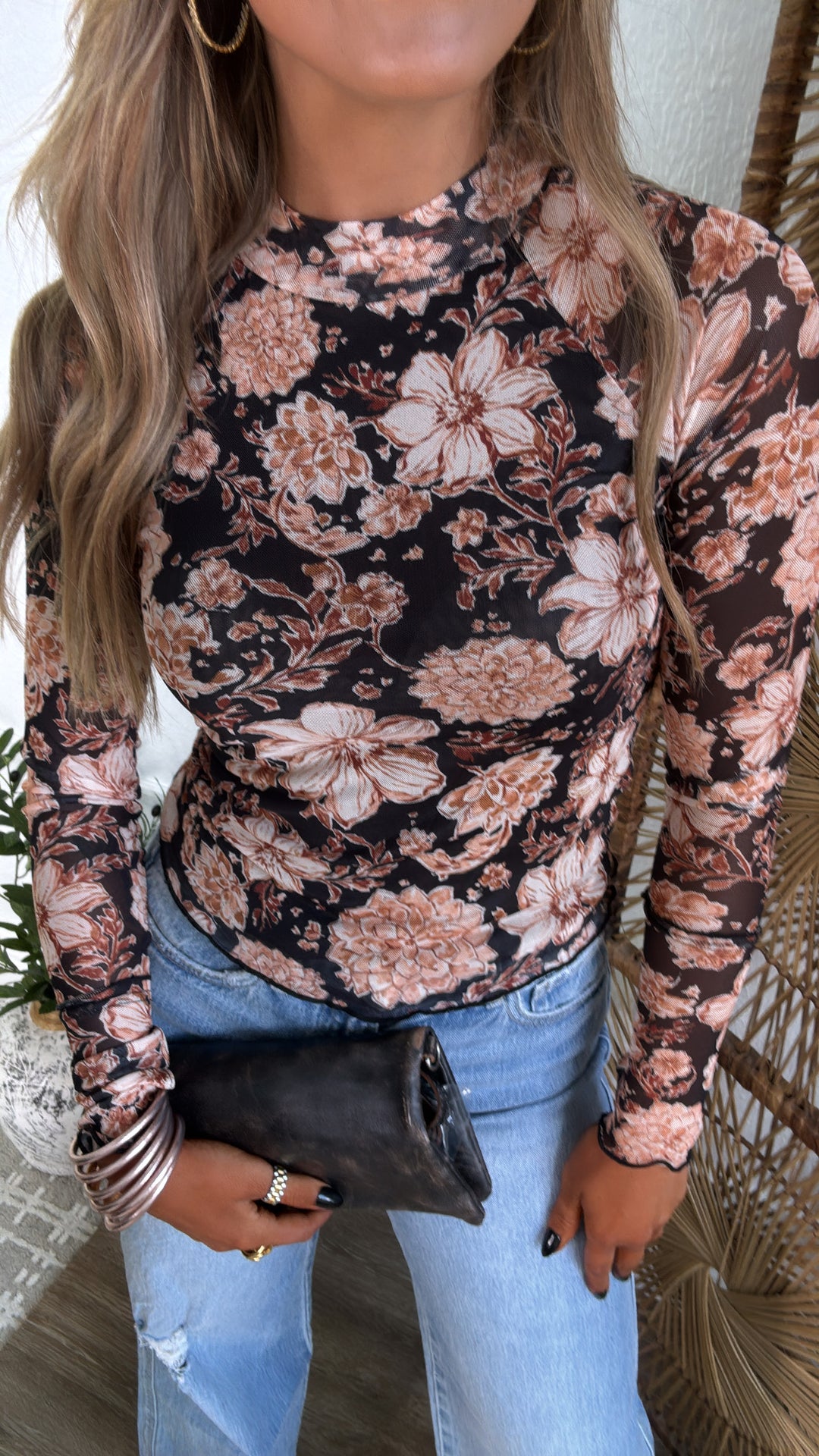 Rusted Daisy Mesh Top, Black