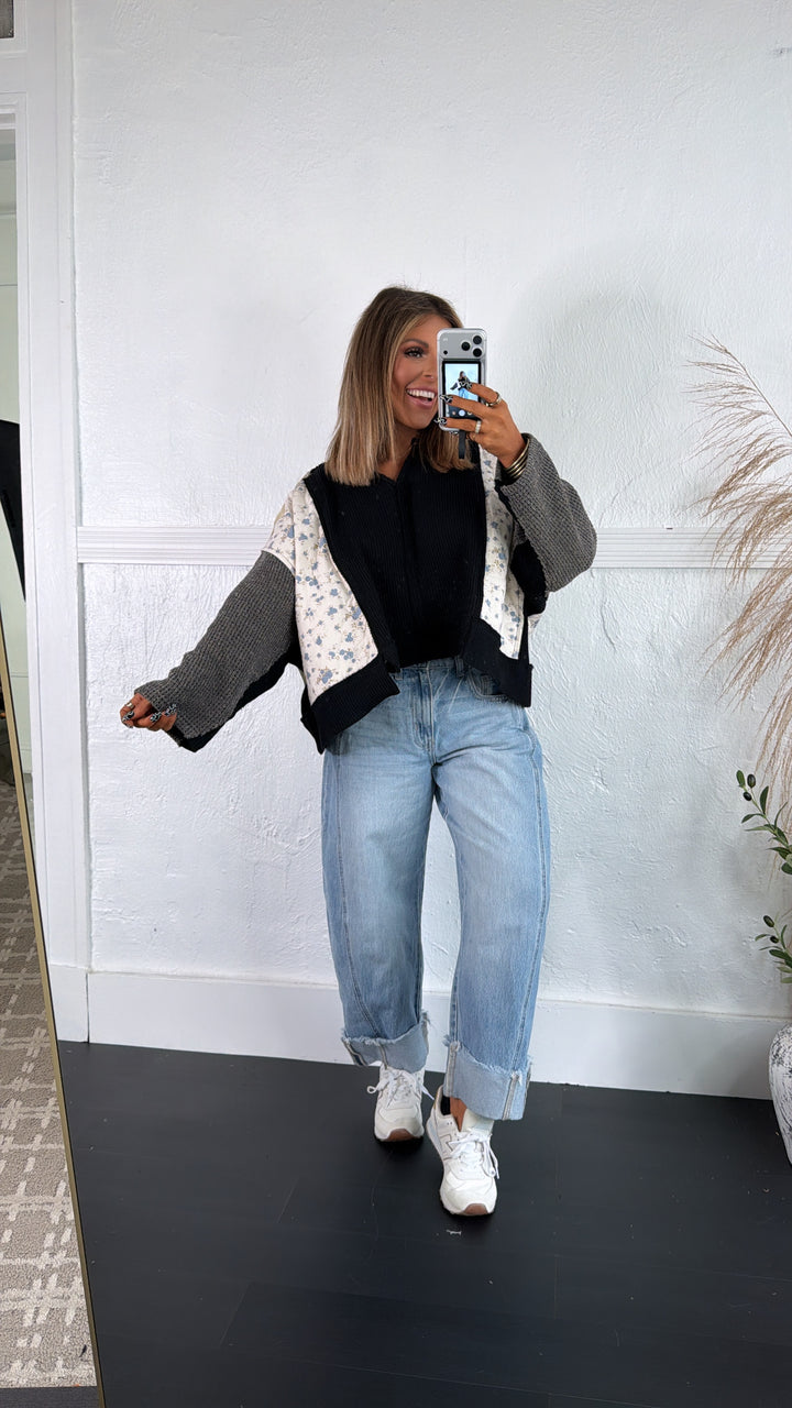 DOORBUSTER: POL Floral Sleeve Sweater, Black