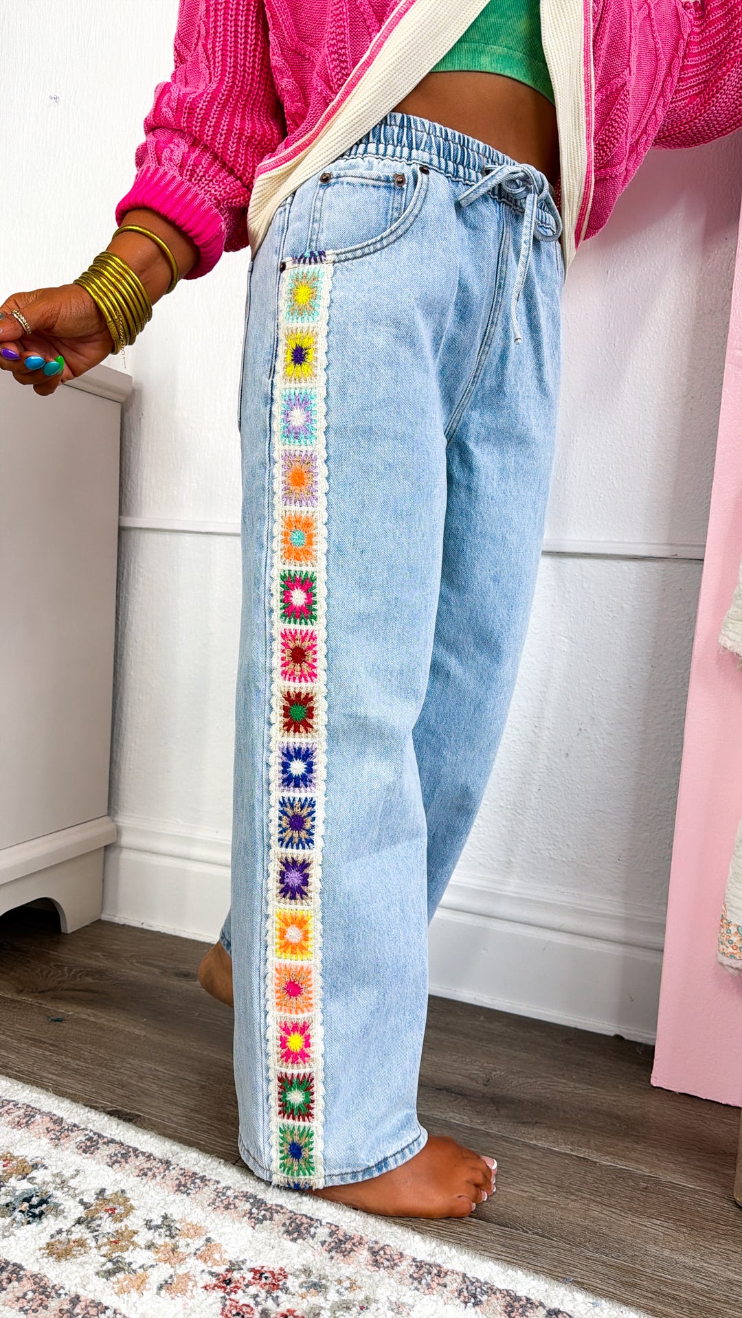 Granny Square Detail Pants, Denim