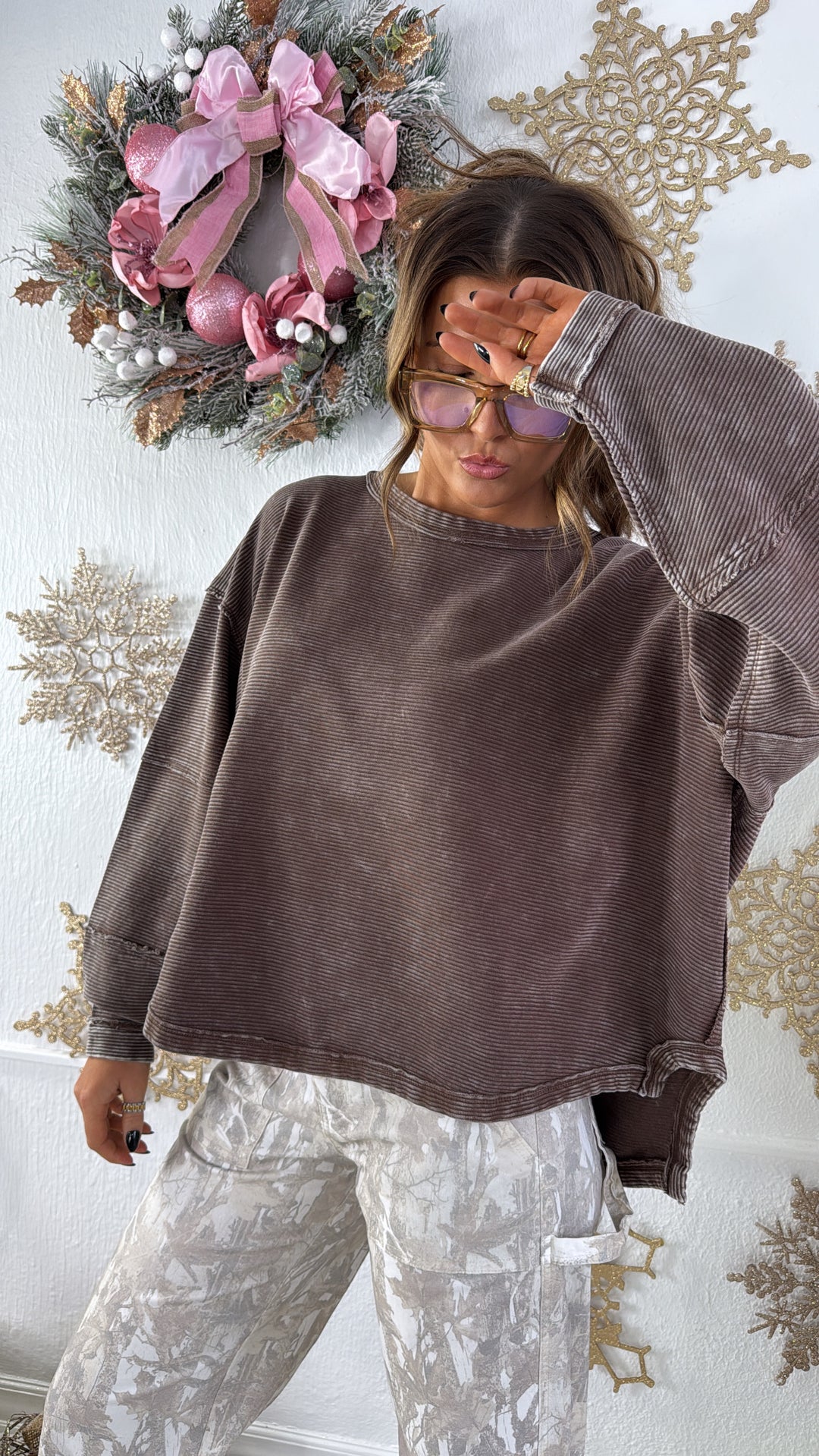 DOORBUSTER: Acid Washed Ribbed Cropped Pullover, Brown