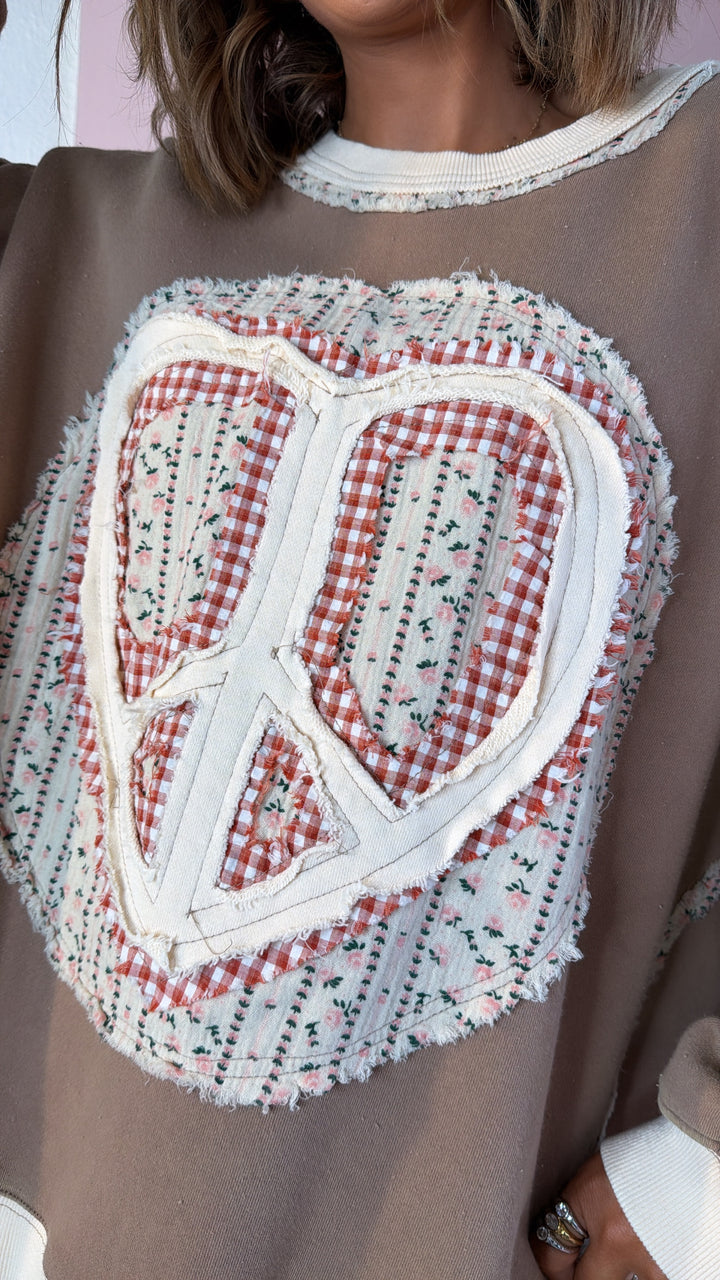 Heart In Peace Patchwork Top, Mocha