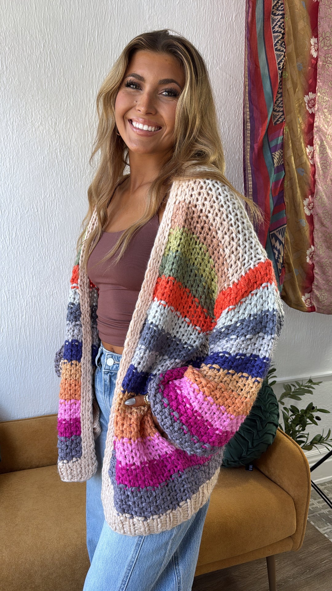 Hand Crochet Oversized Cardigan, Cream Multi