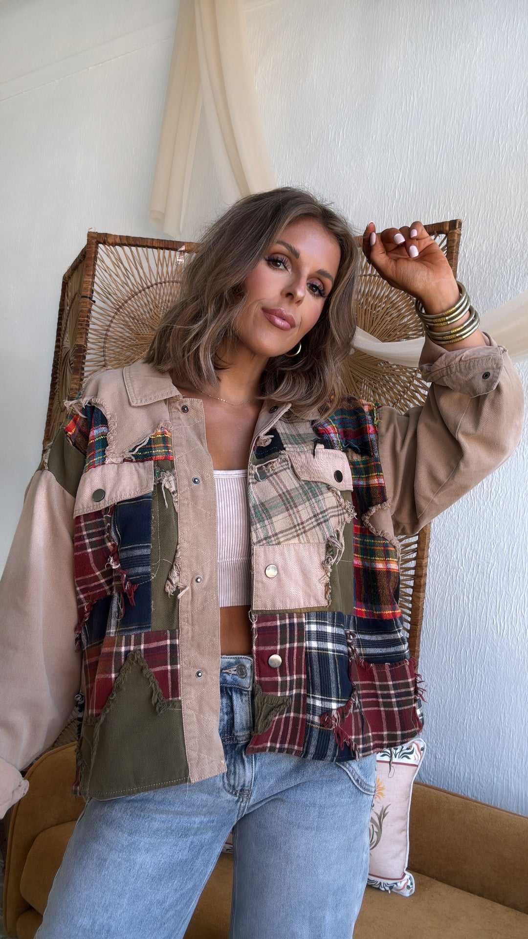 Care Free Plaid Patch Button Down Jacket, Khaki