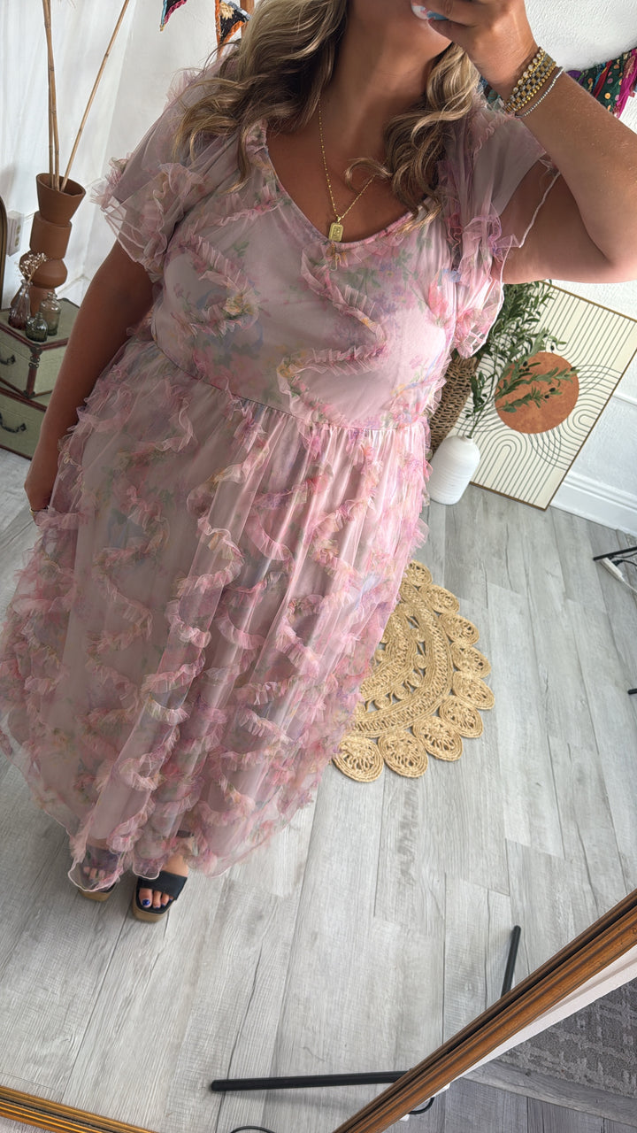 Floral Tulle Maxi Dress, Pink