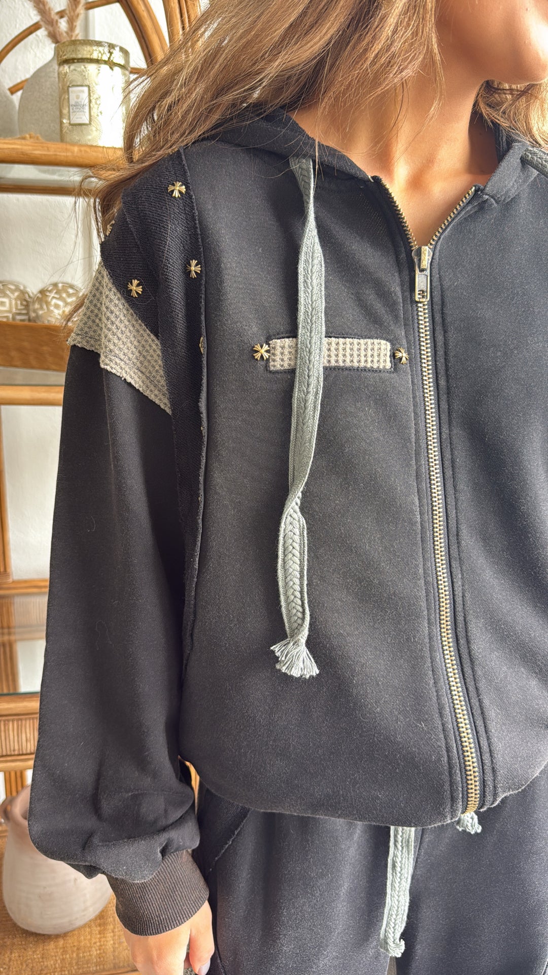 Urban Chic Waffle Knit Zip Up, Black