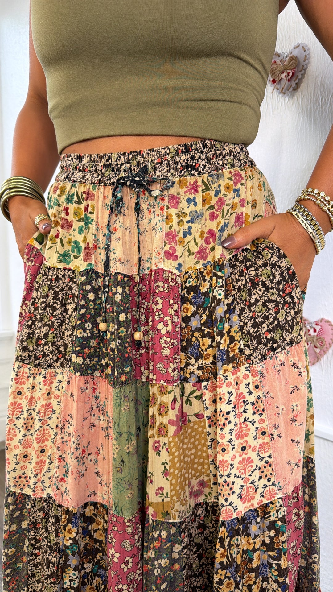 Cloverline Printed Tiered Midi Skirt, Latte