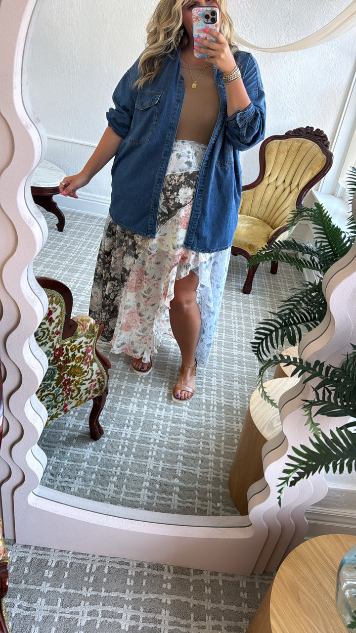 All Mine Mix Print Chiffon Ruffle Maxi Skirt