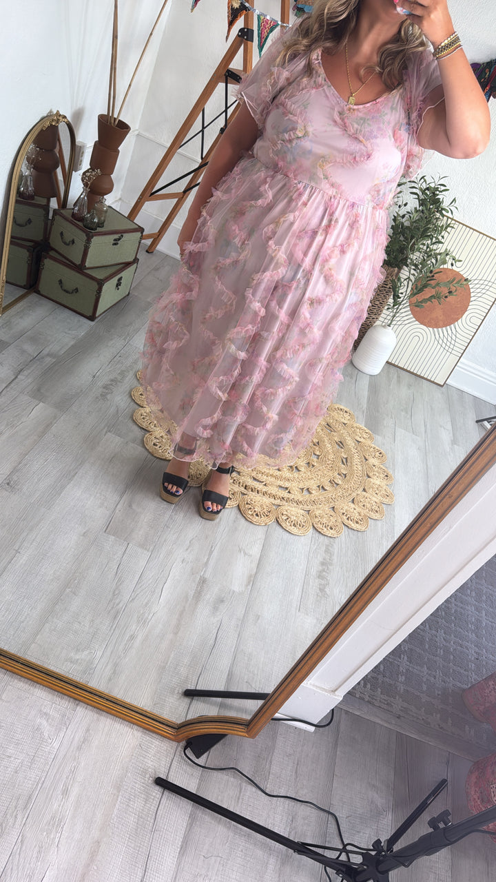 Floral Tulle Maxi Dress, Pink