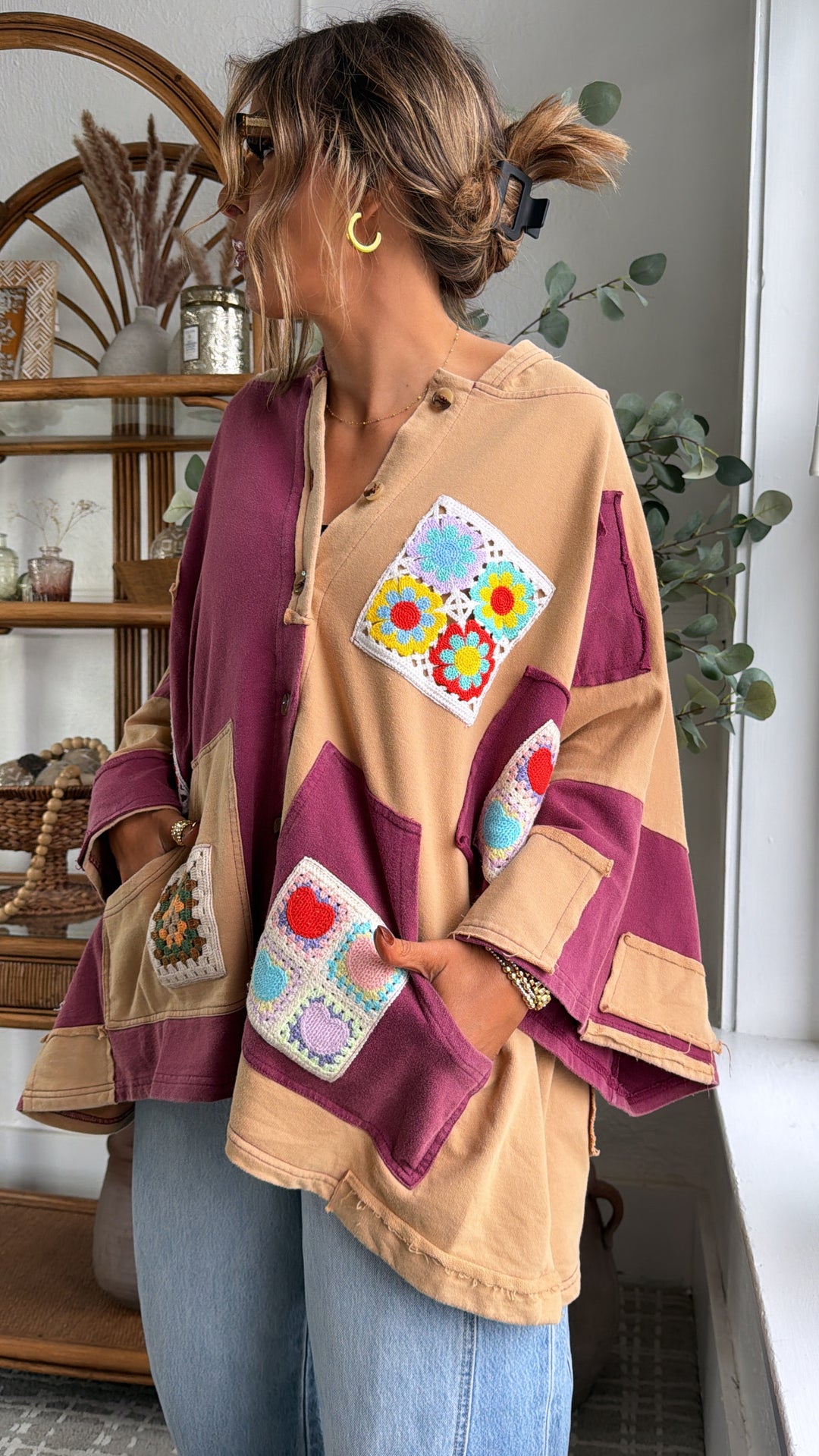 Patchwork Muse Button Up, Wine/Multi