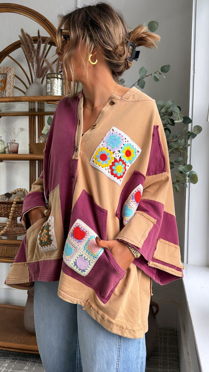 Patchwork Muse Button Up, Wine/Multi