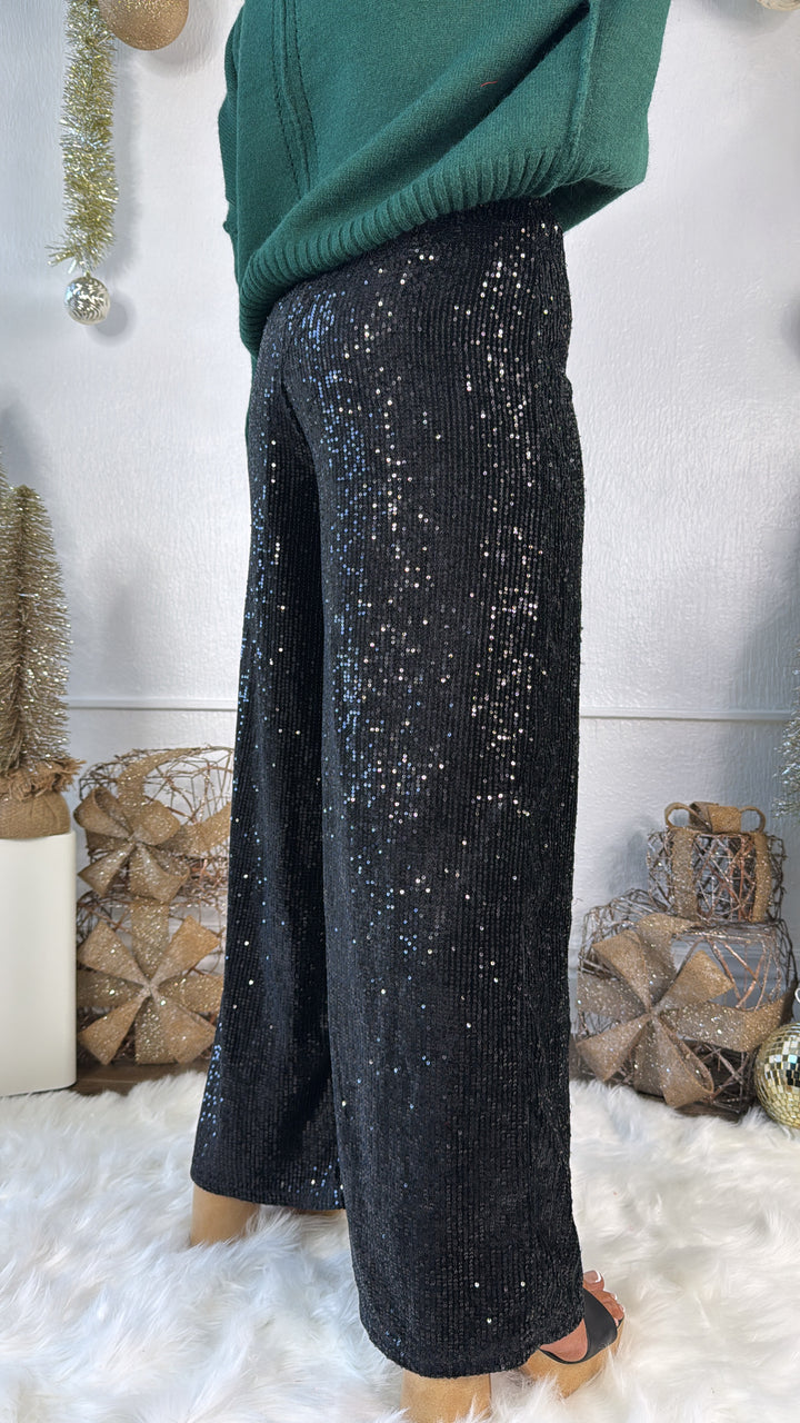 Sequins Flared Pants, Black