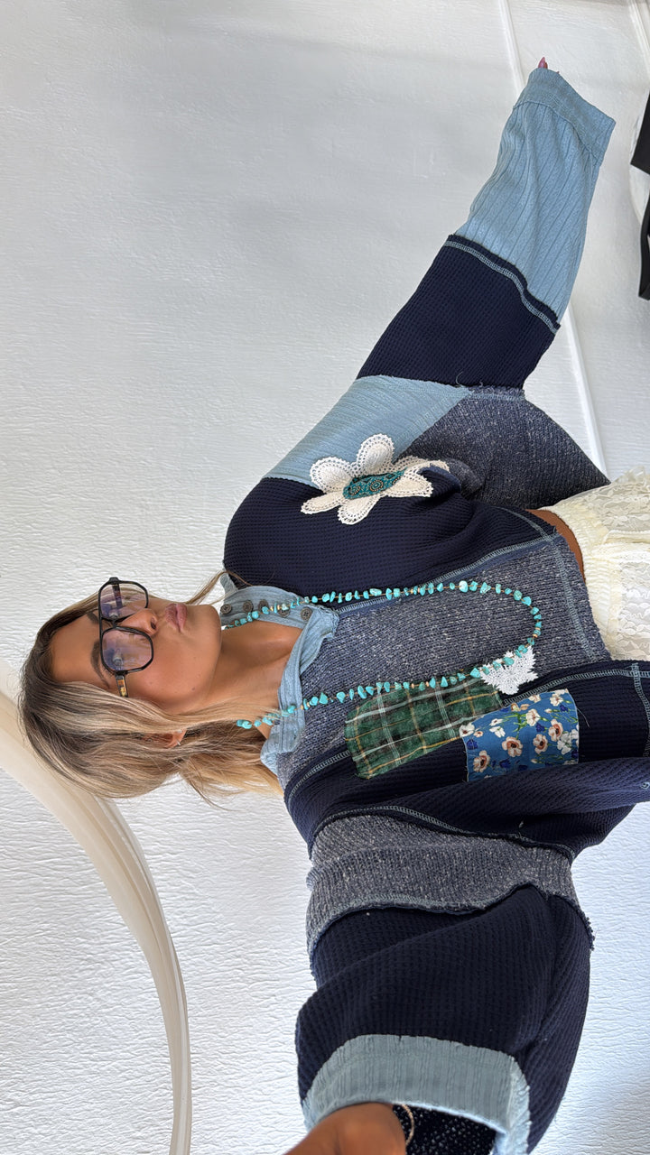 Sweet Impression Patchwork Long Sleeve Top, Indigo