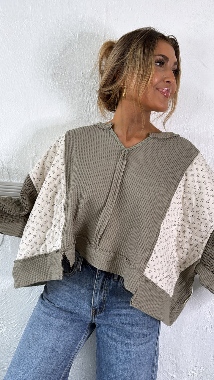 DOORBUSTER: POL Floral Sleeve Sweater, Olive