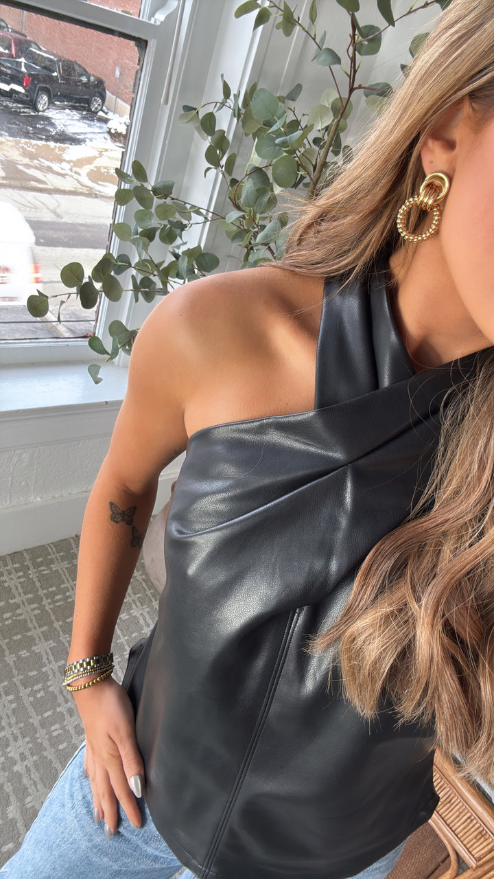 Aveline Faux Leather Top, Black