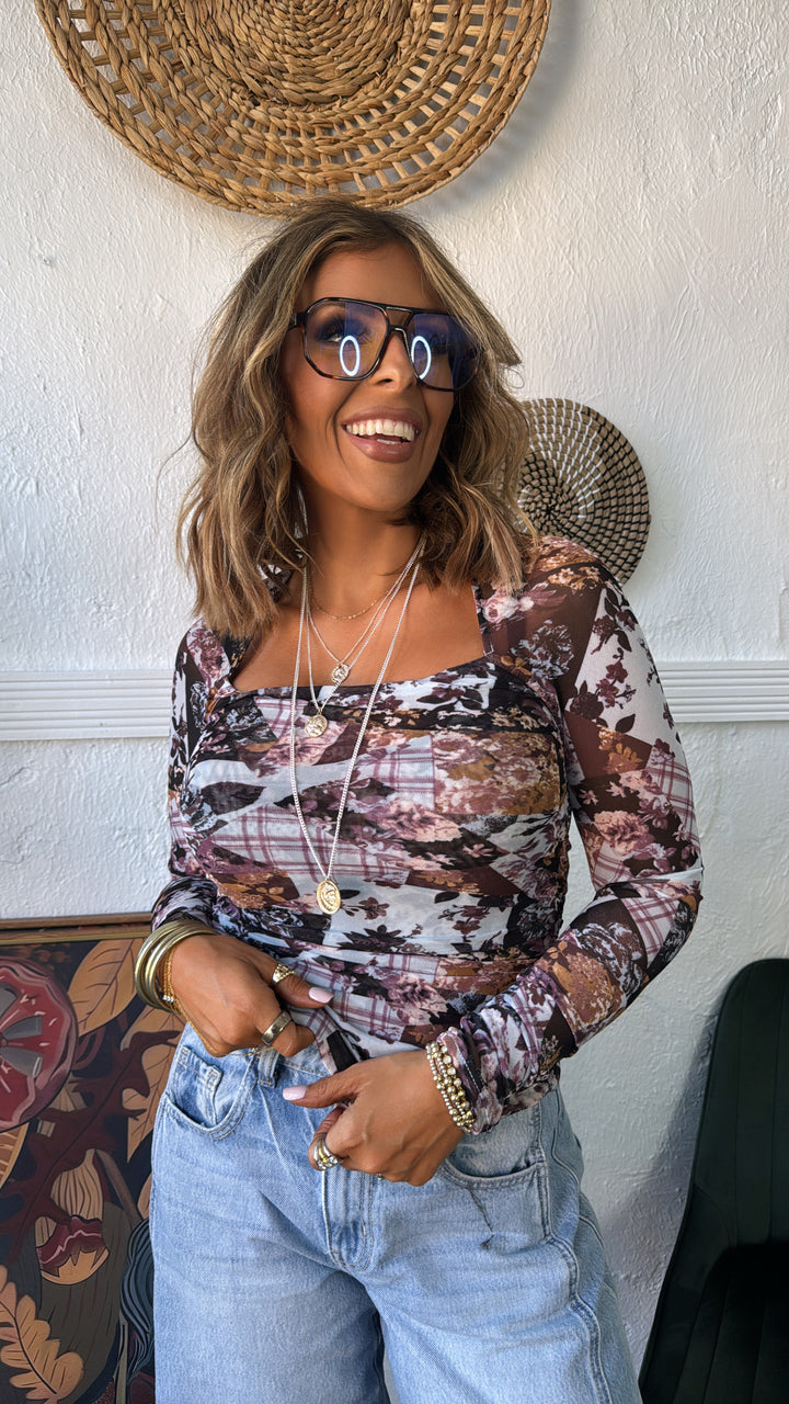 Faded Flora Mesh Top, Lt.Blue/Purple