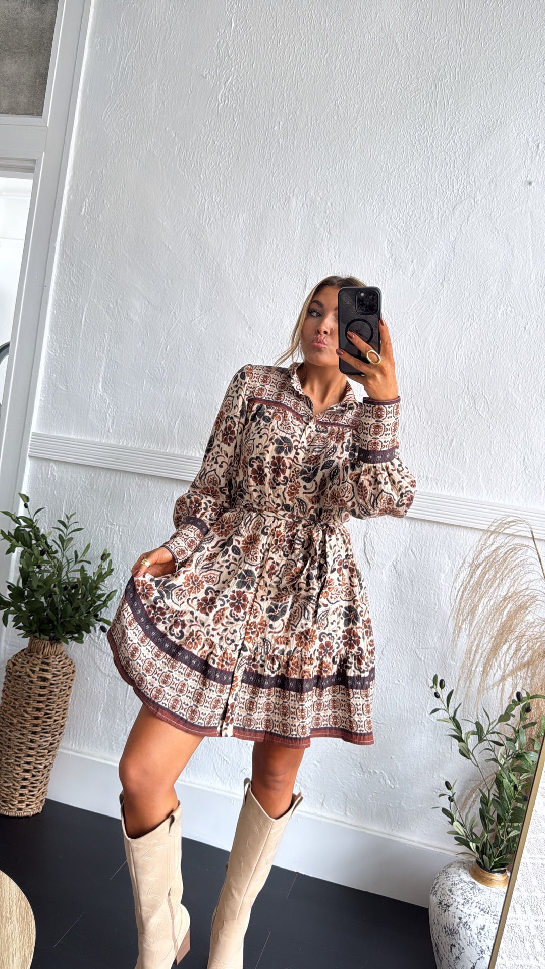 Bluewood Bloom Mini Dress, Cream/Brown