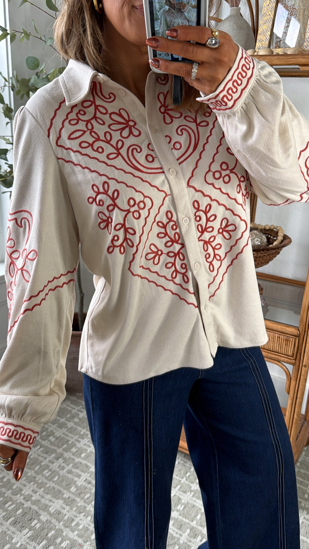 Prairie Bound Suede Button Up, Ecru/Rust