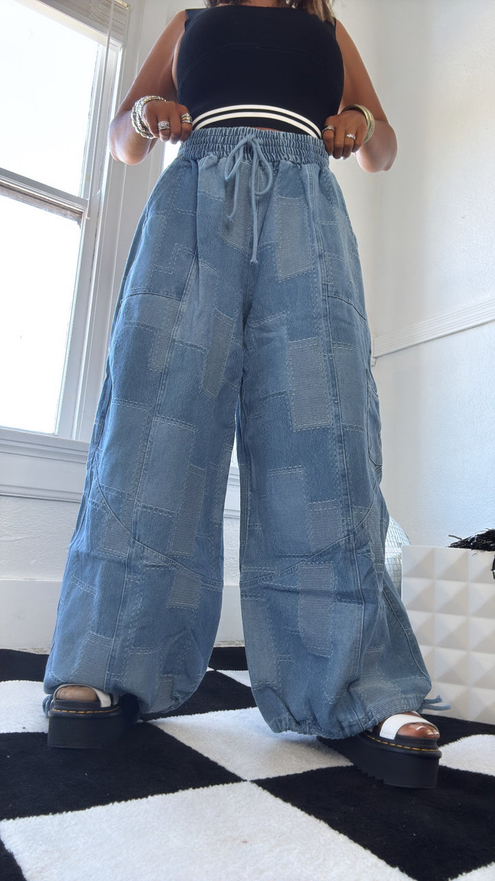 ECB Exclusive: Demi Denim Checkered Patchwork Jogger Pant