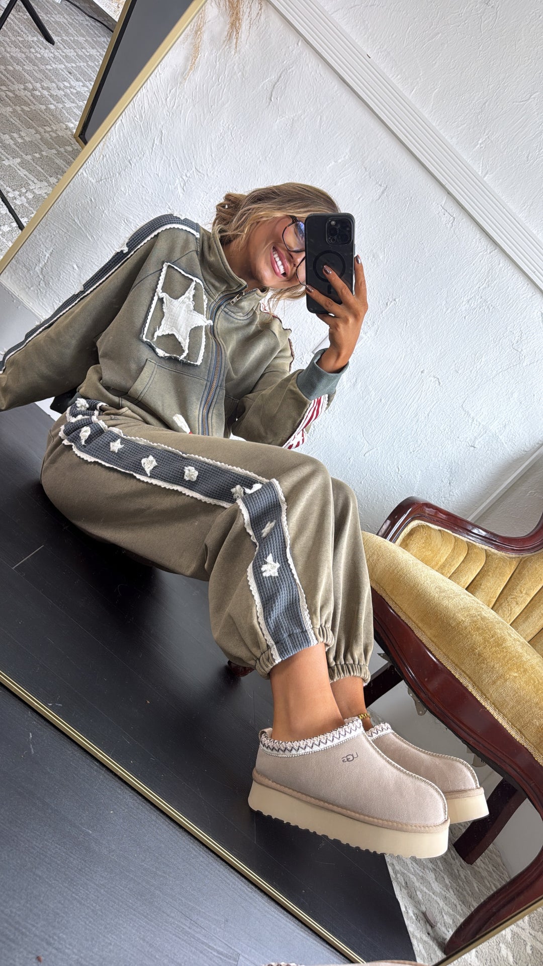 American Dream Patch Zip Up Jacket, Vintage Moss