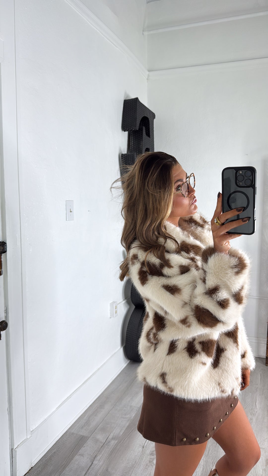 Cow Printed Fur Jacket, Brown/Cream