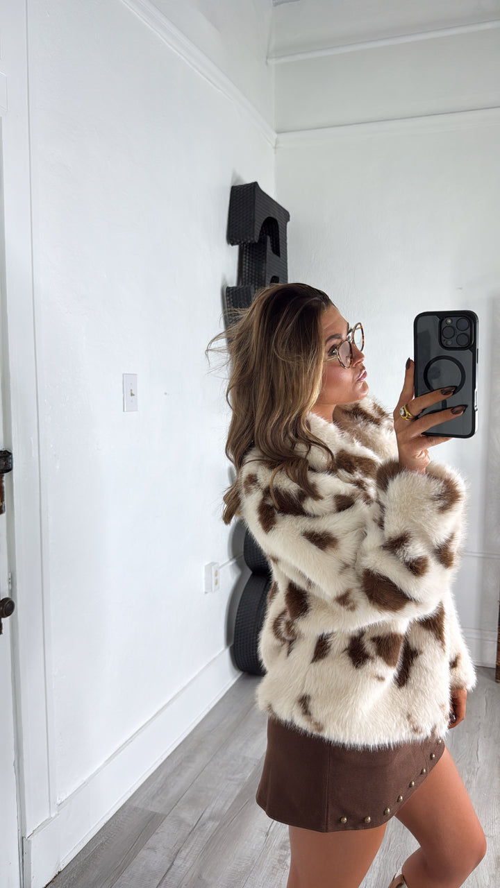 Cow Printed Fur Jacket, Brown/Cream