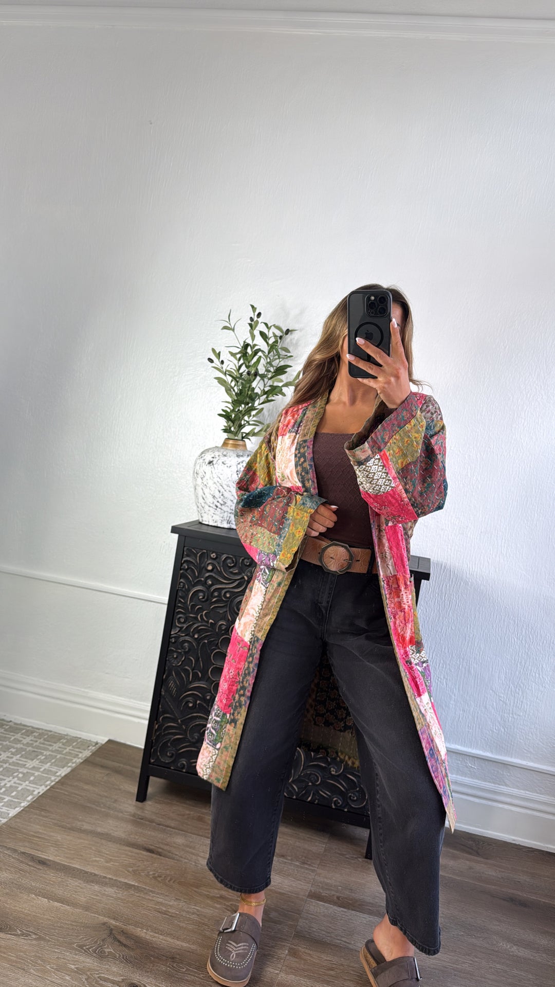 Laguna Mist Patchwork Duster Cardigan, Taupe/Pink/Multi