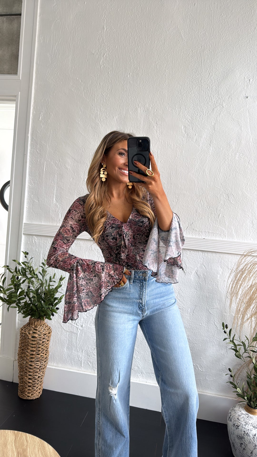 Last Floral Kiss Tied Top, Black