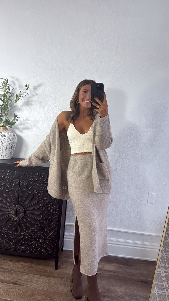 Coziest Side Slit Midi Skirt, Taupe