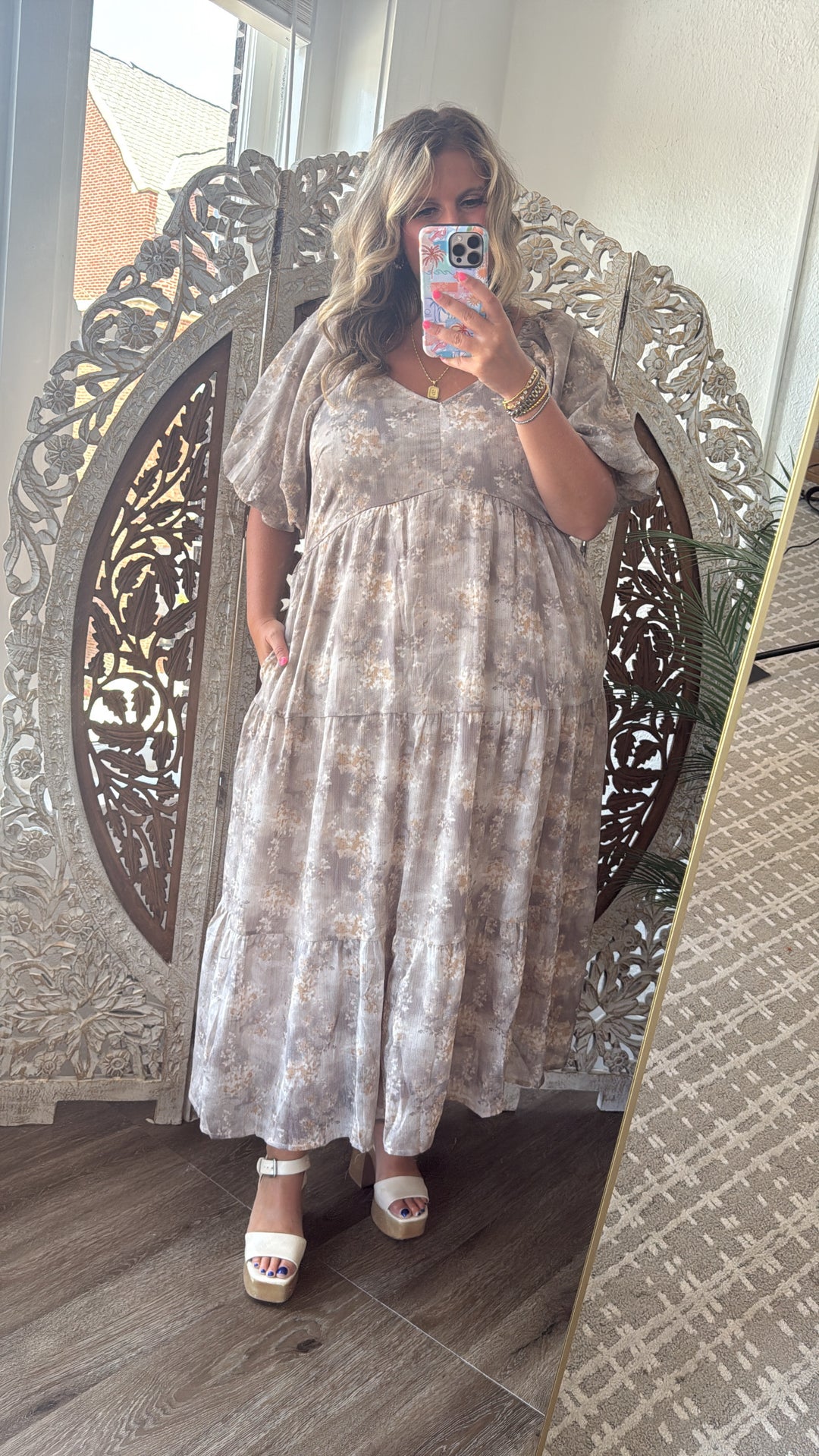 Granite Hues Whimsical Bubble Sleeve Maxi Dress, Taupe