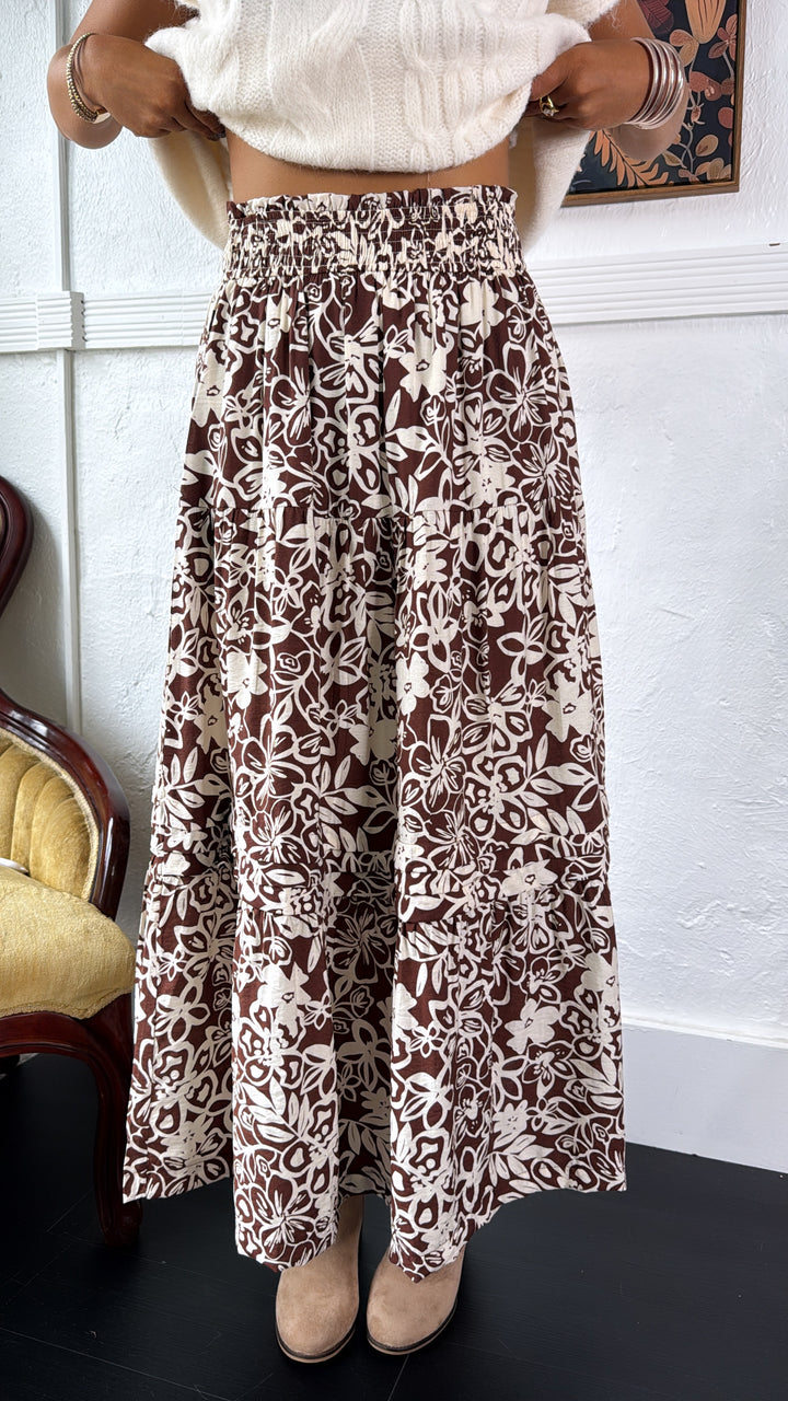 Picture Perfect Floral Tiered Midi Skirt, Brown