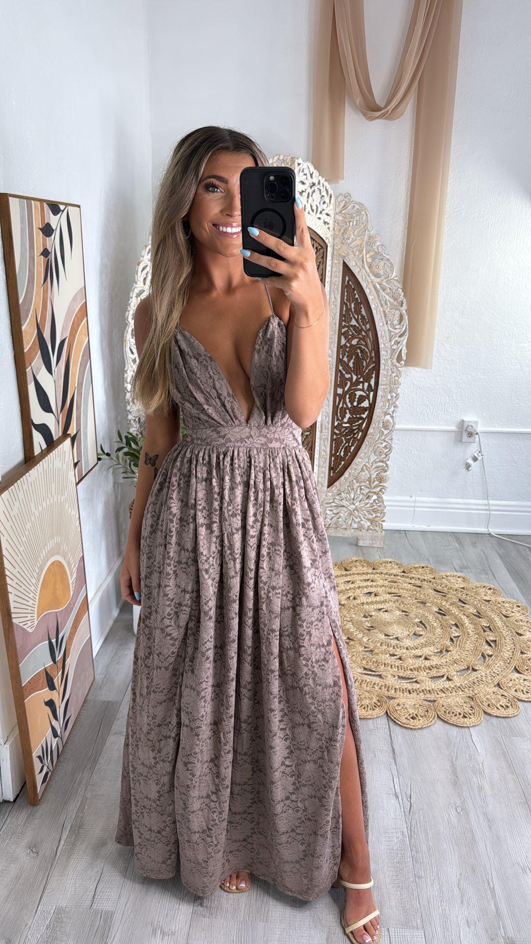 ECB Exclusive: Layla Lace Maxi Dress, Taupe Small ECB Exclusive: Layla Lace Maxi Dress, Taupe Small