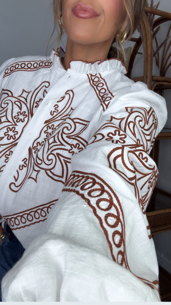 Sundance Ruffle Embroidered Button Up Top, White